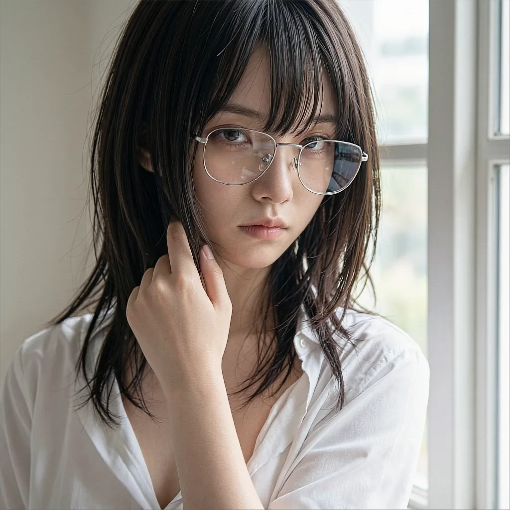 Round portrait of a fictional AI character in warm lamplight